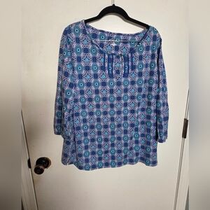 Kim Rogers 3/4 Sleeve Women’s Pullover Knit Top Patchwork Blues Size Large